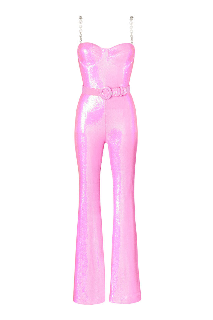 Tiffany pink jumpsuit, Nadine Merabi. Barbiecore viral fashion trend.