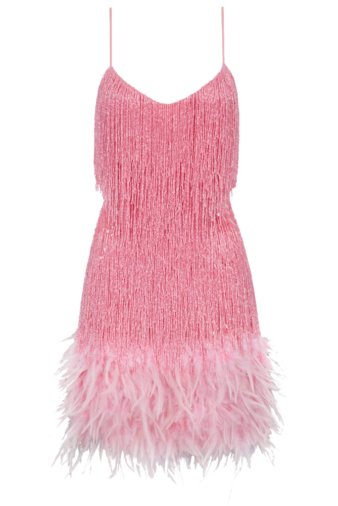 Lottie pink dress, Nadine Merabi. Barbiecore viral fashion trend.